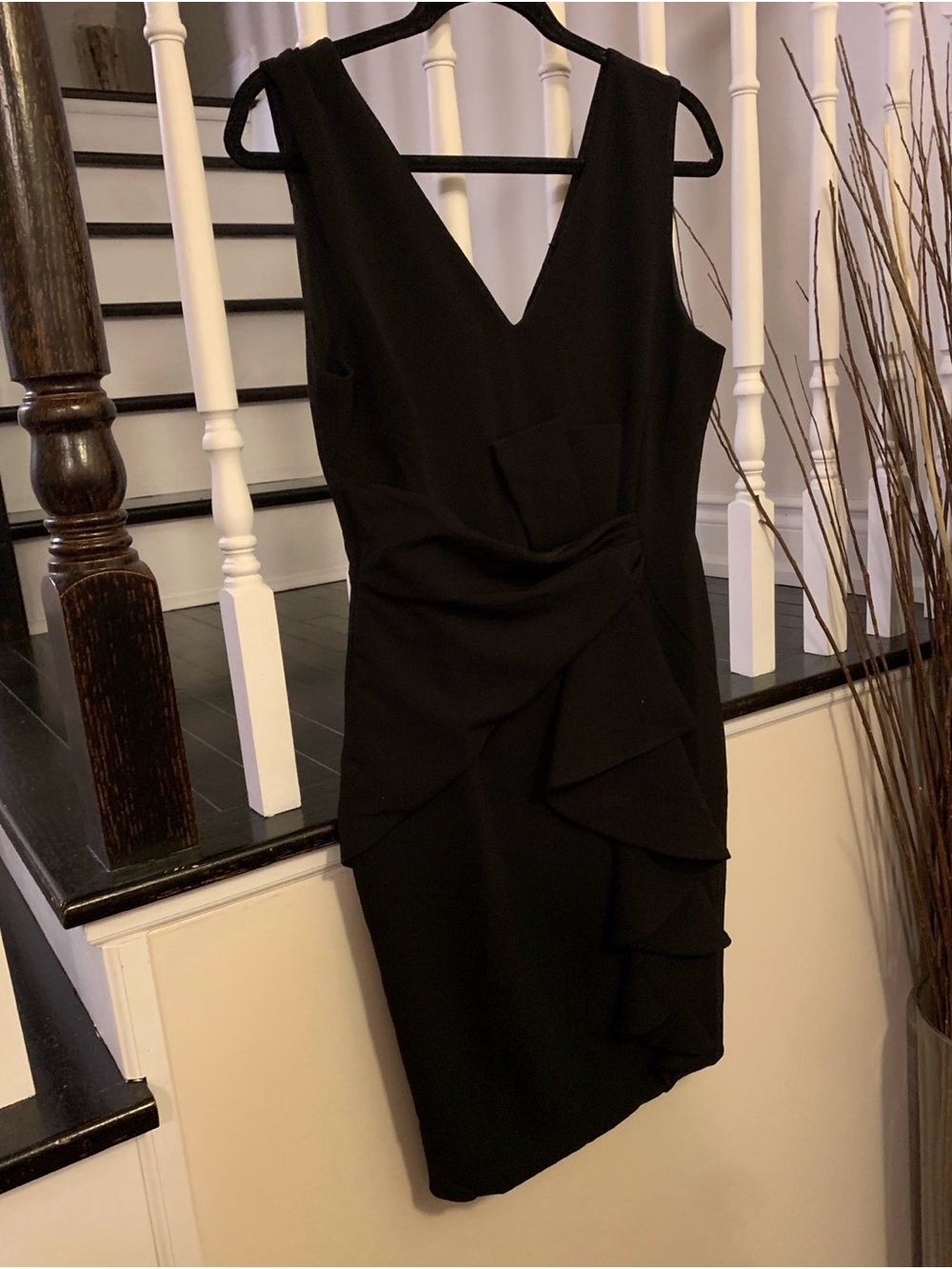 Black V-Neck Ruffle Midi Dress
